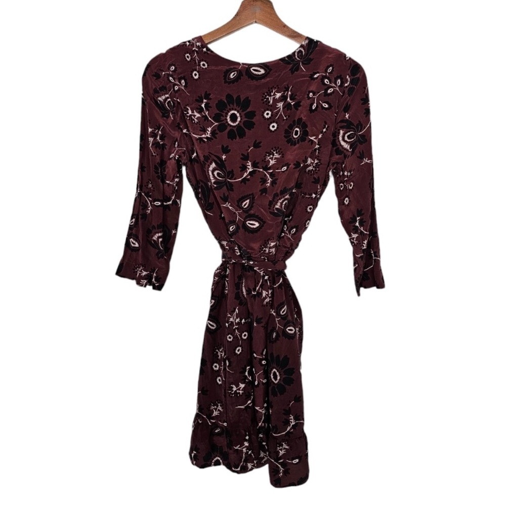 French Sezane Silk Floral Burgundy Wrap Dress with tie Belt - Picture 4 of 9